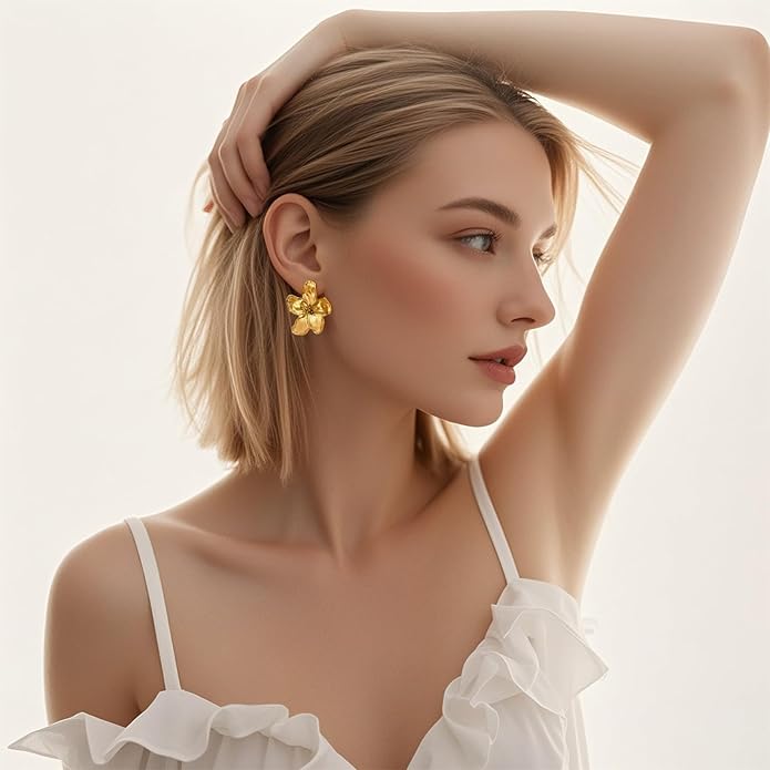 Womens Floral Gold Studs Earrings - 14K Gold Plated Earring,Personality Summer Big Flower Stud,Hypoallergenic Statement Chunky Ear Rings Aretes Trendy Jewelry,Christmas Birthday Prom Gifts for Her