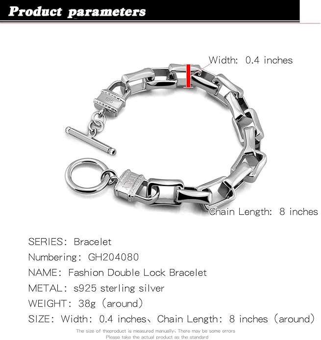H&Beautimer Solid 925 Silver Bracelet Italian Handmade 0.35/0.4 Inch Box Chain Bracelet for Men's 7,7.5,8,8.5,9,9.5,10 Inch Hip Hop Style Jewelry
