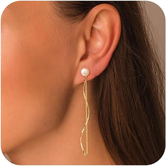 Moodear Dangle Earrings 14K Gold Plated Chain Earrings for Women Trendy Dainty Hypoallergenic Long Chain Drop Tassel CZ/Pearl Earrings Wedding Jewelry Gift