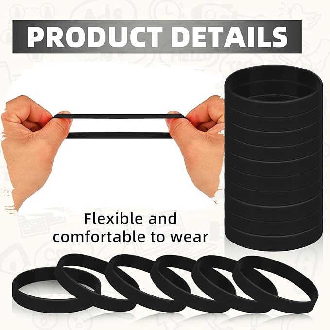 50 Pieces Plain Silicone Wristbands Sport Elastic Band, Stretch Rubber Wristband for Event, Teen-Black