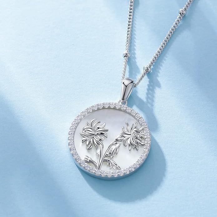 AGVANA Valentines Day Gifts Sterling Silver Birth Flower Necklace for Women Genuine Mother of Pearl CZ Round Disc Pendant Necklace Fine Jewelry Anniversary Birthday Gifts for Women Wife Mom Her
