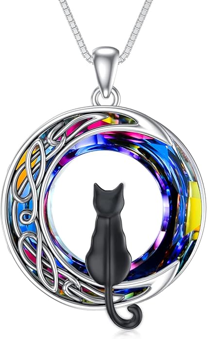 TOUPOP Christmas Cat Gifts for Cats Lovers One Two Three Four Cats Necklace Sterling Silver Cats on the Moon Pendant Necklace with Blue Circle Crystal Birthday Christmas Celtic Jewelry Gifts for Women