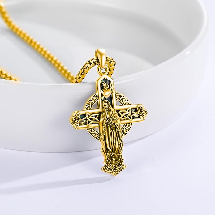 Midir&Etain Cross Necklace 925 Sterling Silver Celtic Christian Pendant Religious Protection Jewelry for Women Men