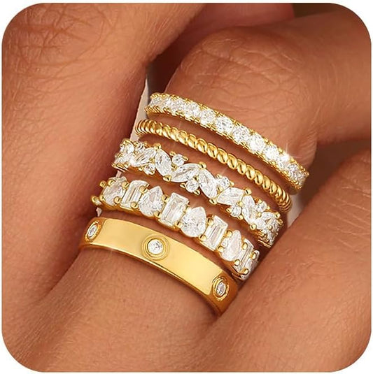 Stackable Gold Rings for Women Non Tarnish Wedding 14K Gold Plated Stacking Cubic Zirconia Thumb Ring Set Stack Engagement Eternity Dainty Bands Pinky Statement Promise Gold Jewelry Size 6-10