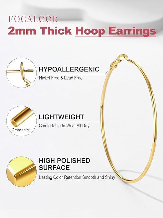 FOCALOOK 14K Gold Plated Lightweight Large Hoops| 2mm Thin Hoop Earrings for Women 30/40/50/70/100mm