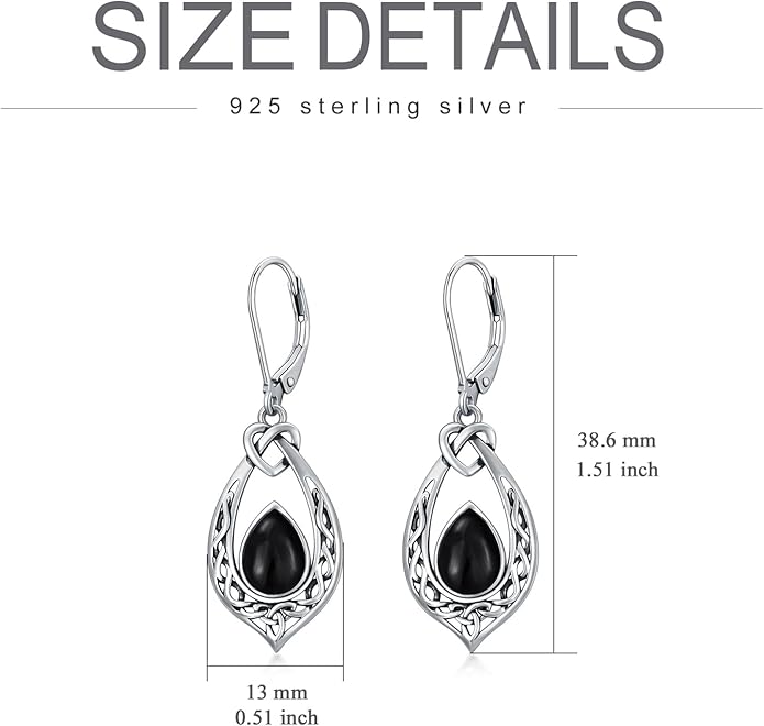 Celtic Knot Dangle Earrings 925 Sterling Silver Oxidized Vintage Drop Leverback Earrings with 8 * 6mm Simulated Birthstone Crystal Christmas Jewelry Gifts for Women (Gift Box)