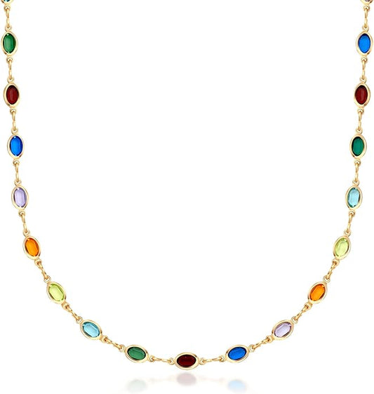 Barzel 18K Gold Plated Multicolor Stone Crystal Oval Necklace for Women - Made In Brazil