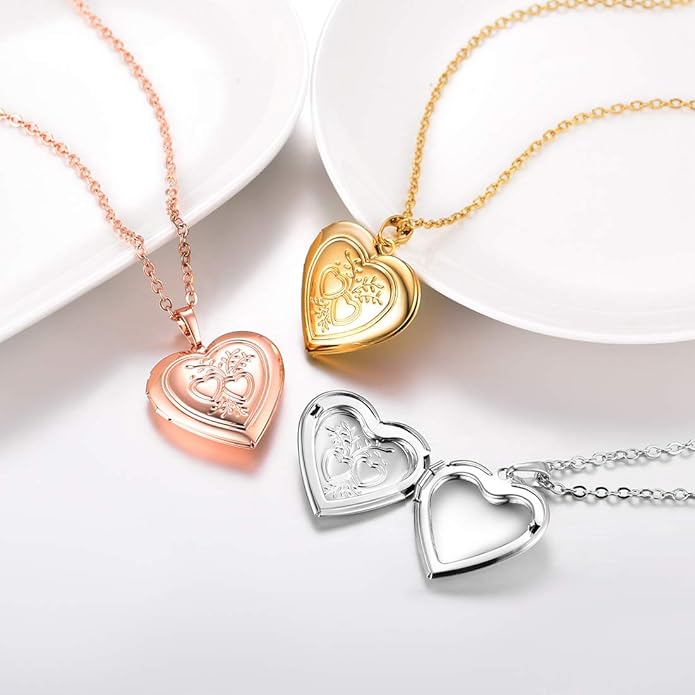 U7 Women Locket Necklace Platinum 14K Gold Photo Lockets that Hold Picture,Chain 20 Inch Personalized Gift Custom Love Heart Image Necklaces