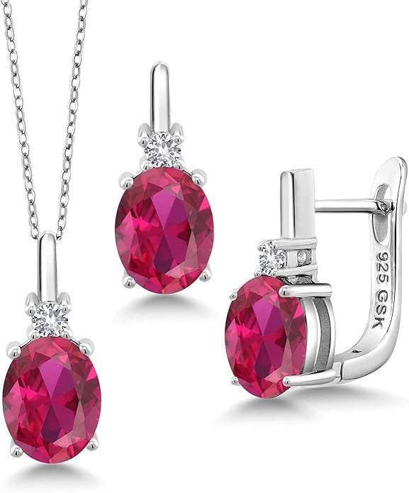 Gemstone Birthstone and White Created Sapphire Pendant and Earrings Jewelry Set for Women in 925 Sterling Silver | Oval 8X6MM and Round 2.5MM | With 18 Inch Chain | Fine Jewelry for Her Mom Women Wife