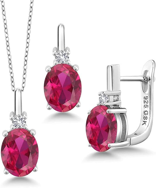 Gemstone Birthstone and White Created Sapphire Pendant and Earrings Jewelry Set for Women in 925 Sterling Silver | Oval 8X6MM and Round 2.5MM | With 18 Inch Chain | Fine Jewelry for Her Mom Women Wife