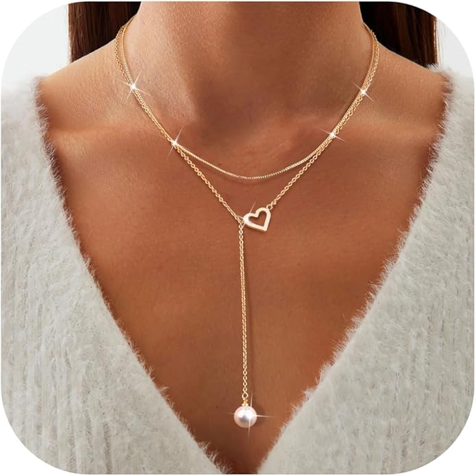 Dochais Dainty Gold Layered Necklace for Women, 14K Gold Plated Y Necklace & Chain, Dainty Lariat Long Necklaces, Trendy Cubic Zirconia Choker, Sun, Heart, Pearl & Cross Pendant Necklace, Jewelry Gift