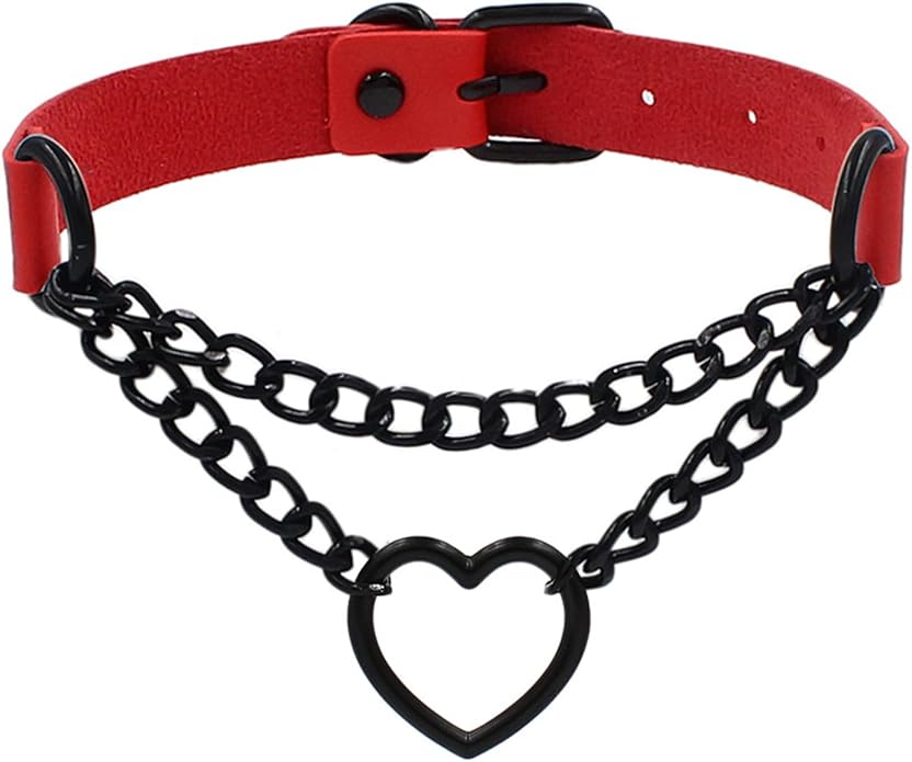 Love Heart Choker Collar Necklace, Adjustable Leather Punk PU Necklace Goth Choker Soft Collar Chain for Women