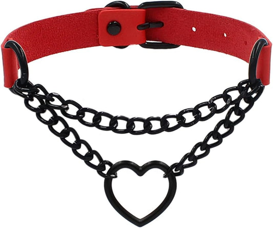 Love Heart Choker Collar Necklace, Adjustable Leather Punk PU Necklace Goth Choker Soft Collar Chain for Women