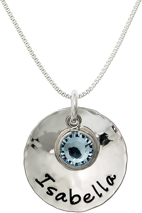 Sterling Silver Personalized Domed and Hammered One Name Necklace. Customize with Your Choice of Characters. Hammered Finish. Includes 925 Chain and Crystal Birthstone. Gifts for Her, Mother, Wife