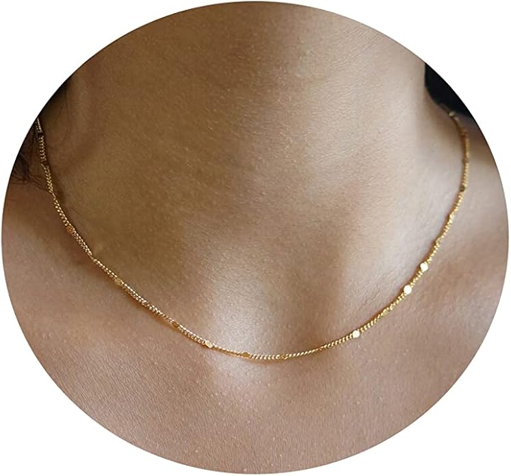 Dainty Chain Necklace for Women, 18K Gold Plated Coin Disc Choker Necklaces Simple Satellite Beaded Twisted Thin Paper Clip Chain Everyday Jewelry Gifts