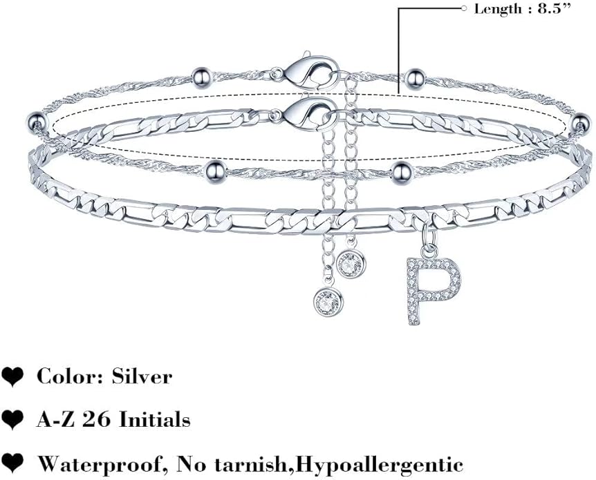 Ursteel Ankle Bracelets for Women, 14K Gold Plated Dainty Layered Chain CZ Initial Anklets Summer Jewelry Gifts for Women