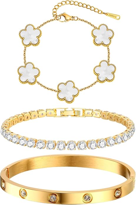 Womens Stackable Floral Gold Bracelets - 3Pcs 18K Gold Plated Bracelet,Stainless Steel Bangle Bracelets Non Tarnish, Gold Bracelet Set Trendy Jewelry,Christmas Valentines Birthday Gifts for Girlfriend