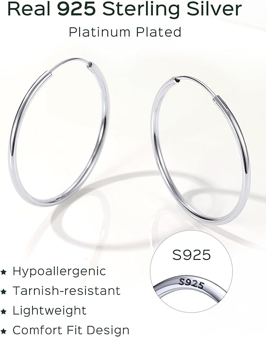 ChicSilver Hypoallergenic 925 Sterling Silver Hoop Earrings for Women, Lightweight Large Gold Plated Hoop Earrings, Endless Hoops Earring 20/30/40/50/60/70MM