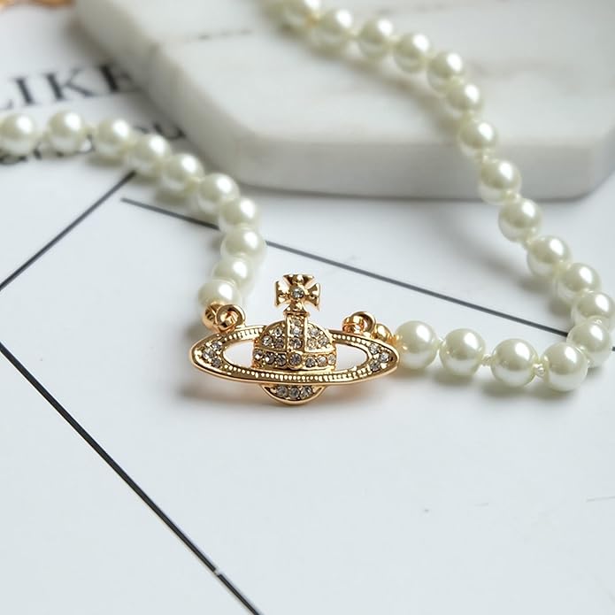 FENLDY Rhinestone Faux Planet Saturn Pearl Necklace for Women Jewelry, Fake Pearl Collar Pendant a Necklace Men with Charm for Girls Y2k Jewelry Ladies' Wedding Pearl Bead Chain Crystal Choker