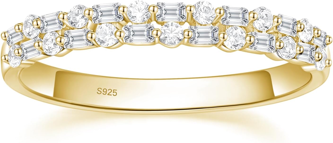 EAMTI 925 Sterling Silver Wedding Bands for Women Baguette Round Cubic Zirconia Two-Row Eternity Band Stackable Engagement Rings Size 4-10
