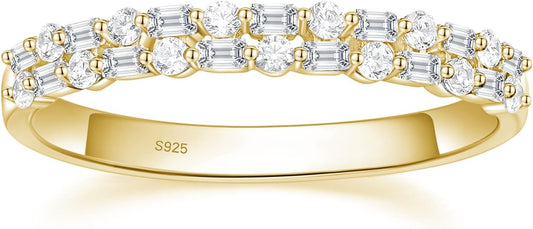 EAMTI 925 Sterling Silver Wedding Bands for Women Baguette Round Cubic Zirconia Two-Row Eternity Band Stackable Engagement Rings Size 4-10