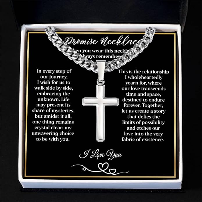 GLAVICY Promise Cross on Cuban Necklace For Him, Sentimental Gift for Husband, Boyfriend, Man with Message Card and Box, Promise Jewelry on Birthday, Valentine Day
