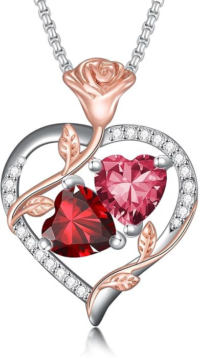 Christmas Gifts for Women Rose Heart Birthstone Pendant Necklace I Love You Forever Jewelry Valentine Mothers Day Birthday Gifts for Women Her Wife Girlfriend