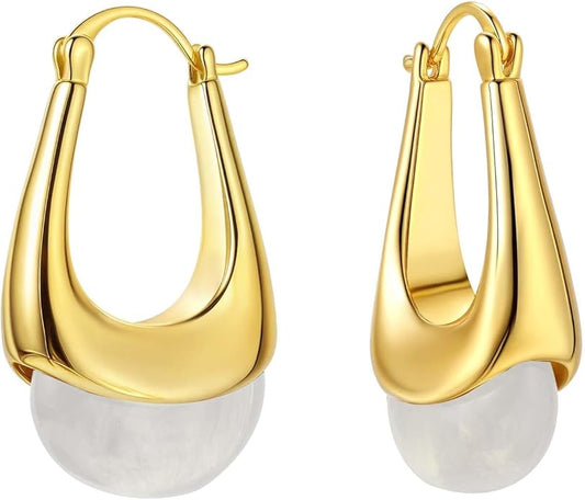 Vintage Gold Hoops Earrings for Women,Brown White Blue Pink Chunky Dangle Drop Jewelry with Resin Gemstones, Trendy Statement Earrings for Beach,Party, Vintage Gift for Travel Maximalist Jewelry