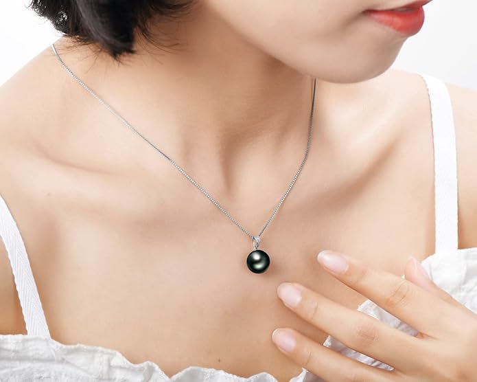 DENGGUANG 18K Gold Natural Black Pearl Pendant Necklace Pendant with Diamond 10-11mm Genuine Tahitian Cultured Round Pearls Jewelry Gifts for Women with 18" Silver Chain
