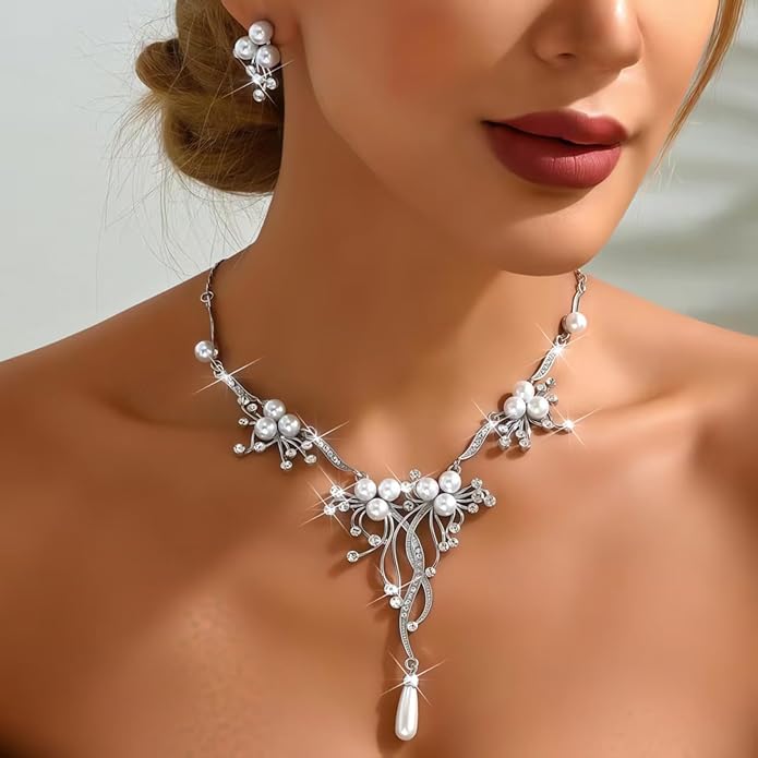 la luen Pearl Bride Wedding Jewelry Set Faux Pearls Crystal Rhinestone Necklace Earrings Bracelet Sets for Women Bridesmaid(3 PCS)
