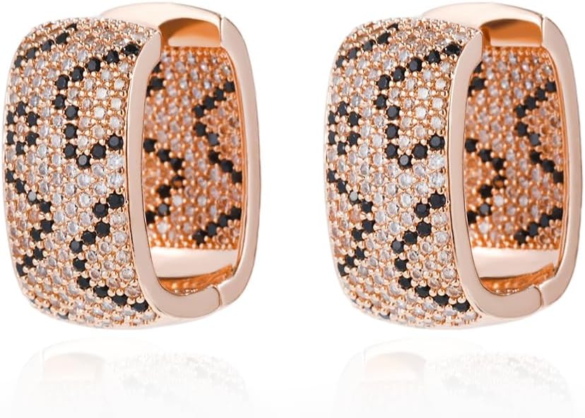 Rose Gold Hoop Earrings for Women, 925 Silver-Plated Thickened Hypoallergenic Earrings, CZ Black Gemstone-Inlaid Earrings - Women's Fashion Jewelry