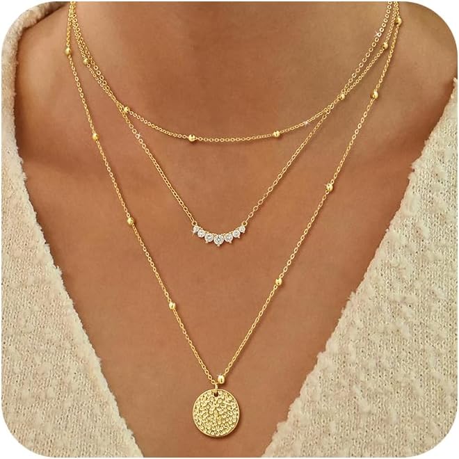 ASCOMY Gold Necklace for Women 14K Gold/Silver Plated Layered Necklaces Stackable Layering Cross Necklace Stacked Coin Pendant Pearl Herringbone Chain Stacking Gold Choker Trendy Jewelry Gift for Her