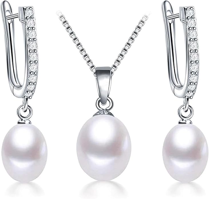 Pearl Jewelry Set For Women Pearl Pendant Necklace & Pearl Earrings with Sparkling Rhinestones 925 Sterling Silver Freshwater Pearl Drop Jewelry Set for Wedding Prom Gift
