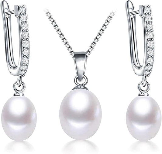 Pearl Jewelry Set For Women Pearl Pendant Necklace & Pearl Earrings with Sparkling Rhinestones 925 Sterling Silver Freshwater Pearl Drop Jewelry Set for Wedding Prom Gift