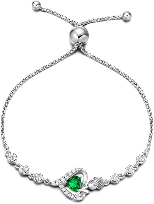 AGVANA Rosy Reverie Birthstone Bracelet for Women Sterling Silver Genuine or Created Gemstone Tennis Bracelet Rose Heart Jewelry Anniversary Birthday Gifts for Women Mom Wife Her