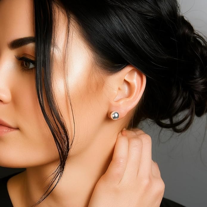 KEZEF Sterling Silver Ball Stud Earrings Hypoallergenic Earrings for Women | Available in Sterling Silver, Rose Gold, or 14K Gold Plated Silver (2mm-10mm)
