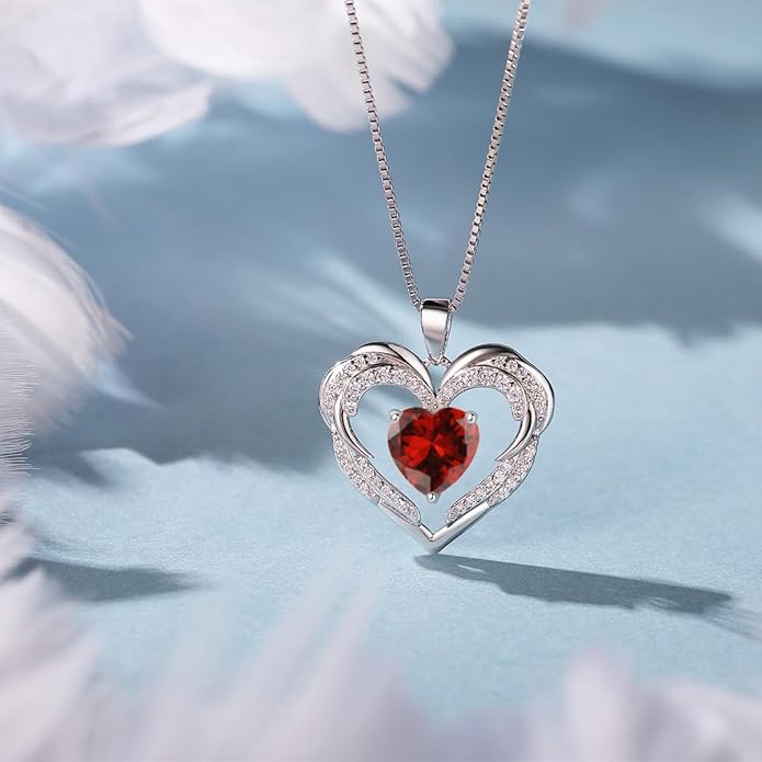 Heart Necklaces Valentine's Gift for Women, Birthstone 925 Sterling Silver Angel Wings Love Pendant Necklaces for Women, Jewelry Gifts for Wife, Anniversary, Mother's day
