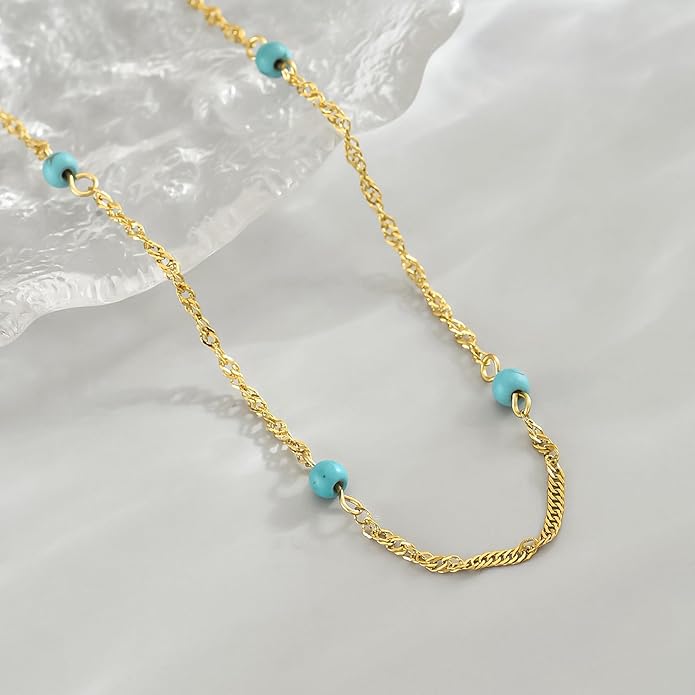 Gold Chain Necklace for Women Dainty 18K Gold Plated Thin Satellite Beaded Turquoise Necklace Simple Gold Boho Jewelry