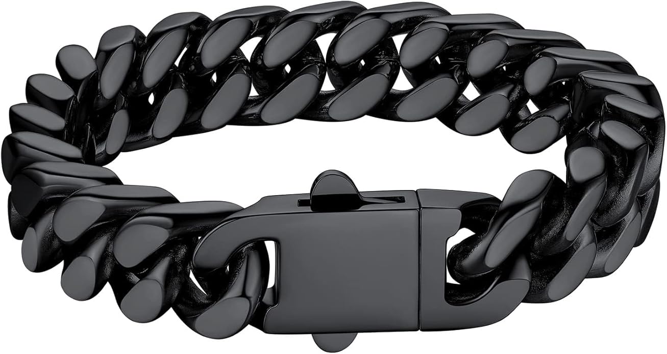 Bestyle Thick Mens Cuban Link Chain Bracelets, Durable Real 18K Gold/Black Metal Plated Solid Stainless Steel Hand Chain Cuban Bracelets for Men, Silver Black Gold Bracelets for Father Husband