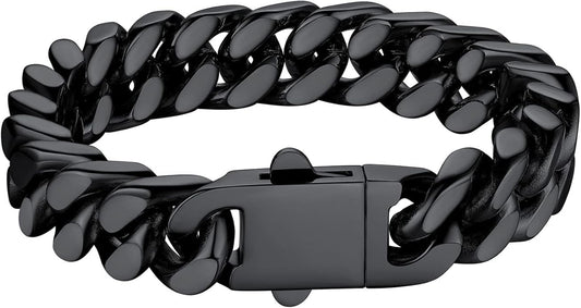 Bestyle Thick Mens Cuban Link Chain Bracelets, Durable Real 18K Gold/Black Metal Plated Solid Stainless Steel Hand Chain Cuban Bracelets for Men, Silver Black Gold Bracelets for Father Husband