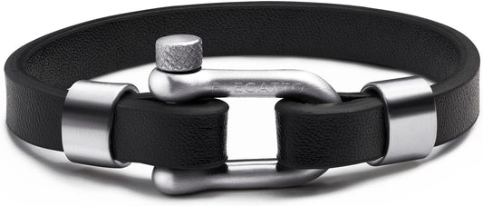 Elegatto Morelle Premium Leather Bracelet for Men | Full-Grain Black Leather with Silver Polished Stainless Steel Shackle Closure | Men’s Designer Jewelry