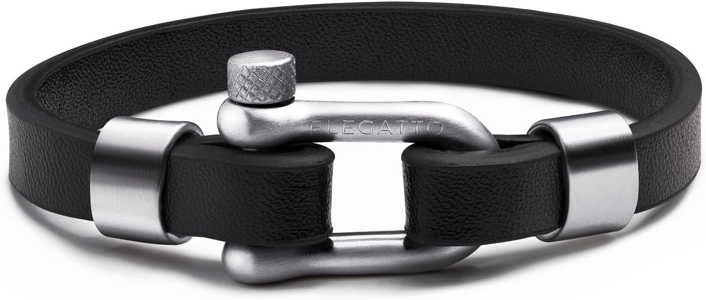 Elegatto Morelle Premium Leather Bracelet for Men | Full-Grain Black Leather with Silver Polished Stainless Steel Shackle Closure | Men’s Designer Jewelry