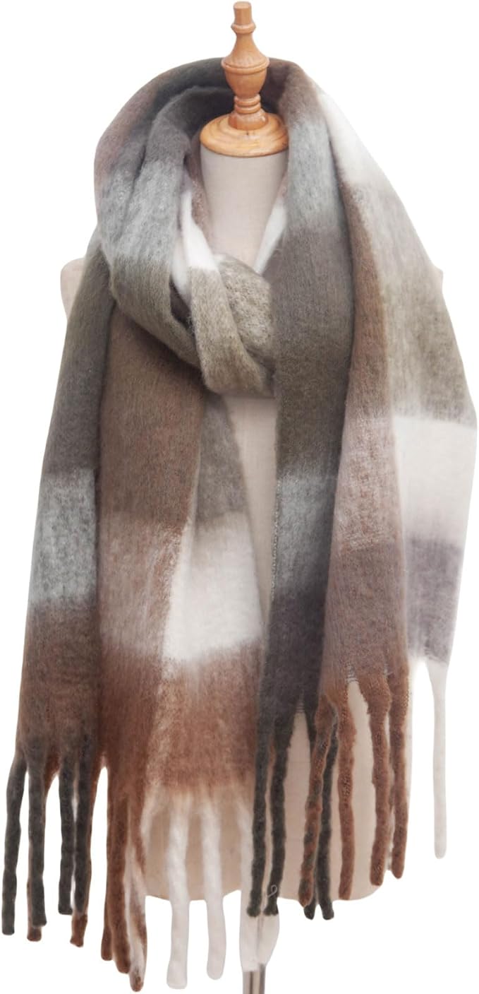 SHOHOKU Large Chunky Plaid Scarf Coloured Checked Oversized Scarf Tassel Soft Fall Winter Thick Warm Shawl Women