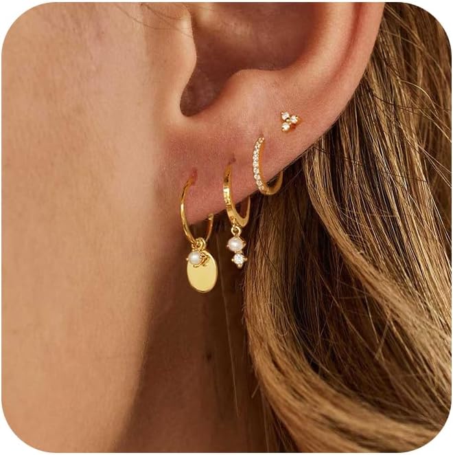 Gold Plated Earrings for Women, 14k Gold Plated Earring Stack Hypoallergenic Pearl Drop Earring Dainty Earrings for Women Trendy Cute Small Huggie Hoop Earring Fashion Womens Jewelry