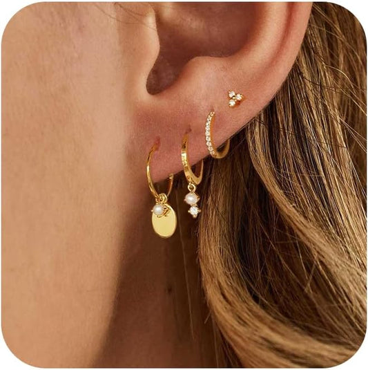 Gold Plated Earrings for Women, 14k Gold Plated Earring Stack Hypoallergenic Pearl Drop Earring Dainty Earrings for Women Trendy Cute Small Huggie Hoop Earring Fashion Womens Jewelry