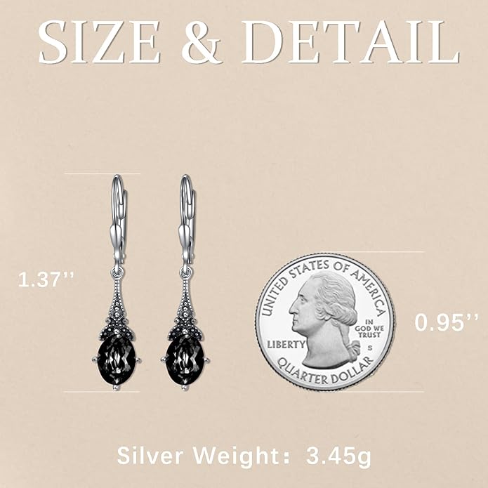 AOBOCO Vintage Earrings for Women Sterling Silver Retro Drop Dangle Leverback Earrings with 8x6mm Oval Genuine or Simulated Birthstone Crystal from Austria, Anniversary Jewelry Gifts for Her Women