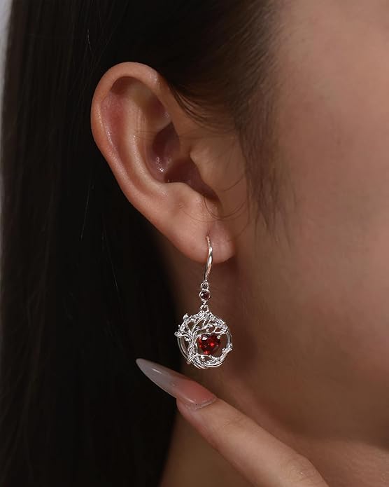 FANCIME Tree of Life Dangle Drop Earrings 925 Sterling Silver Dainty Round Gemstone Birthstone Earring Fine Jewelry Birthday Christmas Gifts for Her Women