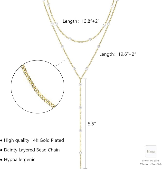 Lariat Gold Necklace for Women, Dainty Long Necklace 14k Gold Plated/Silver Y-Shaped Layered Beaded Chain Drop Necklaces for Women Trendy Simple Gold Jewelry for Women Gifts