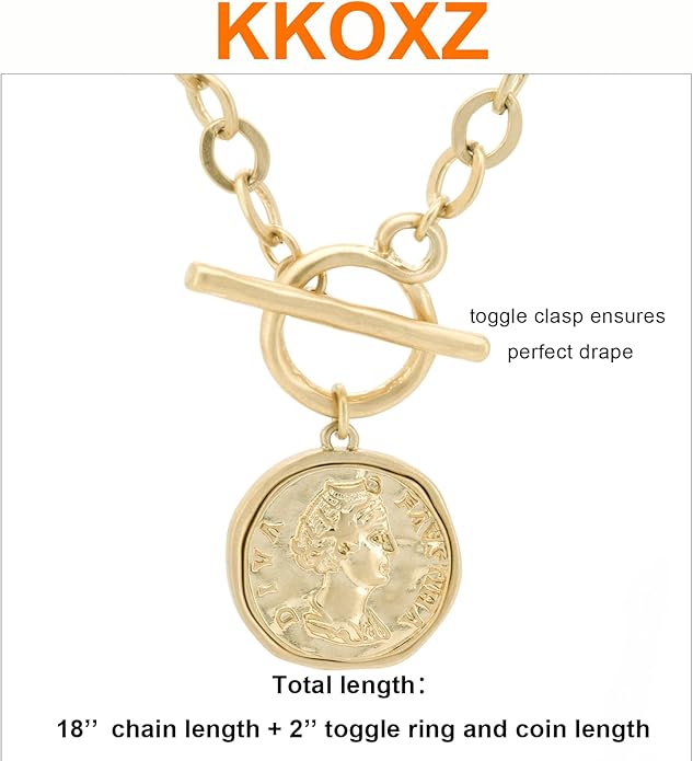Chunky Gold Coin Pendant Necklace Trendy Layered Statement Chain for Women, Antique Toggle Design with Thick Link, Fashionable Necklaces for Women