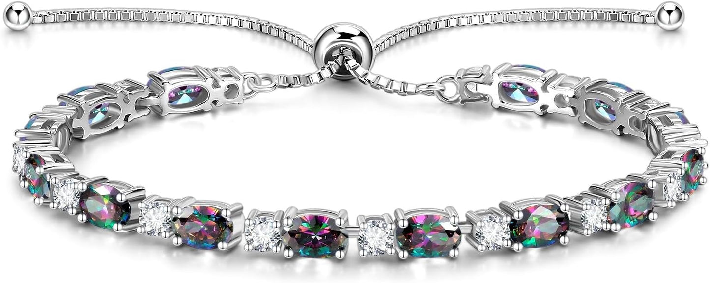 FANCIME Birthstone Tennis Bracelets Sterling Silver Bolo Tennis Bracelets Charm Fine Jewelry Birthday Gifts for Women Mom Wife Her